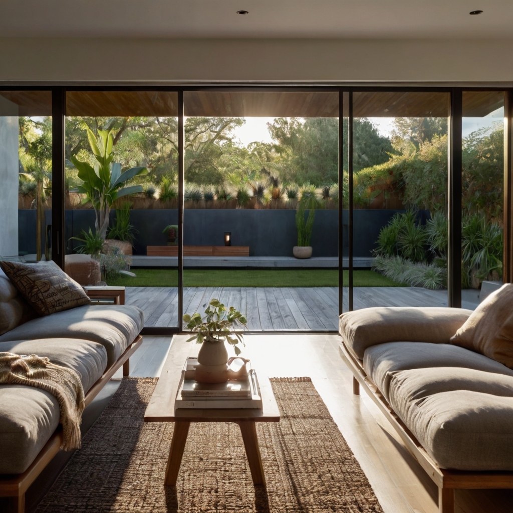 Sleek sliding glass doors that create a seamless connection between the indoors and outdoors, bringing in natural light.