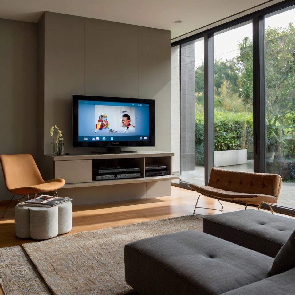 Compact TV room with minimalist furniture, light walls, and sunlight from a single window. Neutral colors make the space feel airy and open.