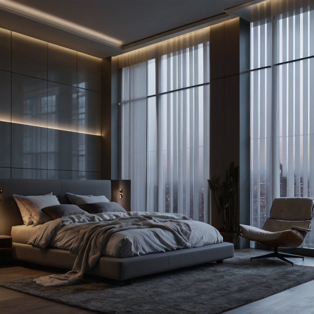 Smart tech like automated blinds, voice-controlled lighting, and adjustable beds, making the bedroom both functional and modern.