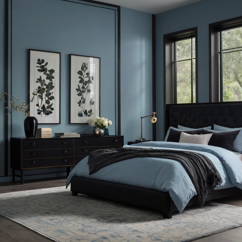 Soft blue walls with matte black frames offer a cool, modern aesthetic. This combination works well in contemporary living spaces or sleek bedrooms, adding bold contrasts.