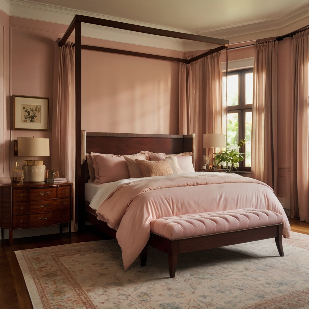 Blush pink walls contrasted with dark mahogany trims create a chic and romantic feel. The dark accents elevate the soft hues, ideal for stylish living rooms or bedrooms.