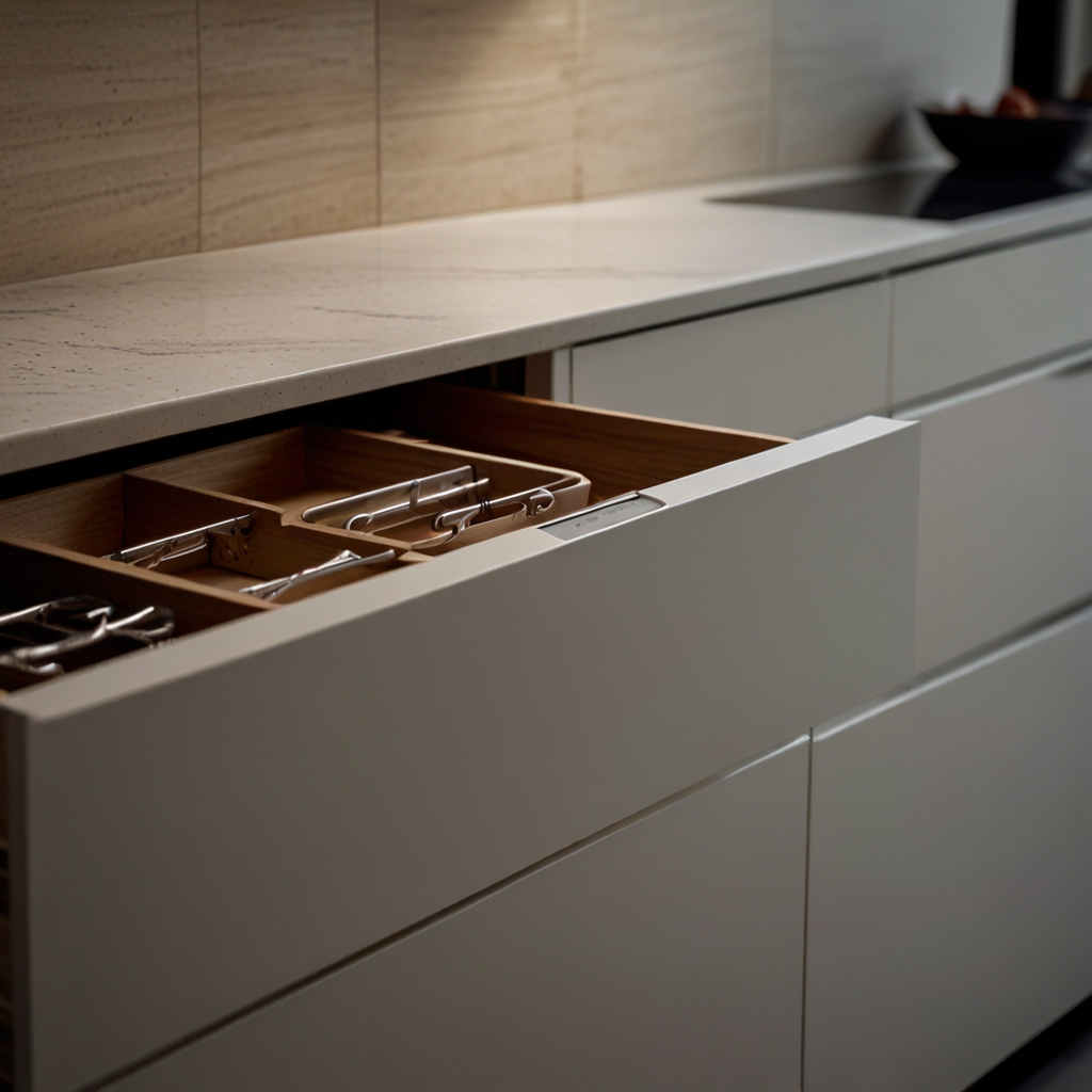 Soft-close drawers glide smoothly, providing luxury and avoiding loud slams. Small detail that elevates the kitchen experience.