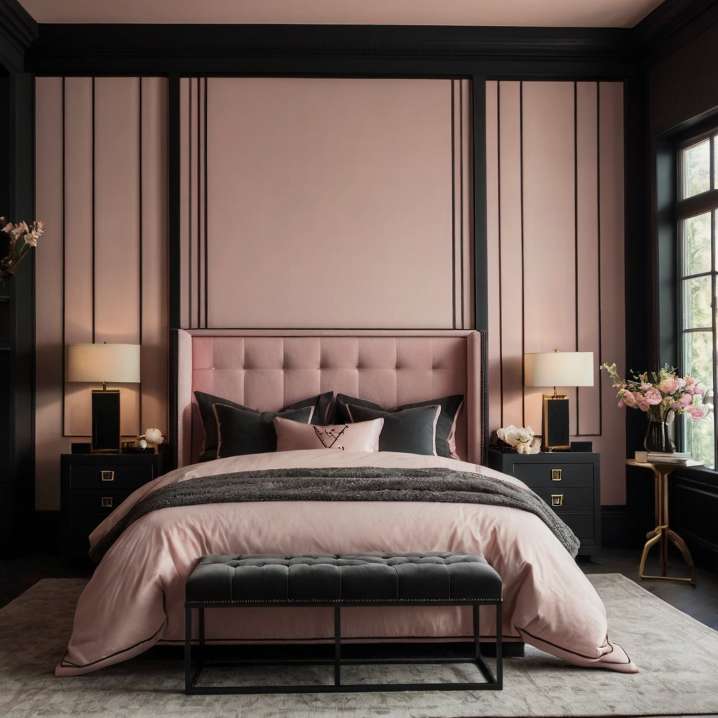 Soft pink walls with charcoal trims create a playful yet sophisticated vibe. This pairing is perfect for modern bedrooms or creative spaces needing balance and contrast.