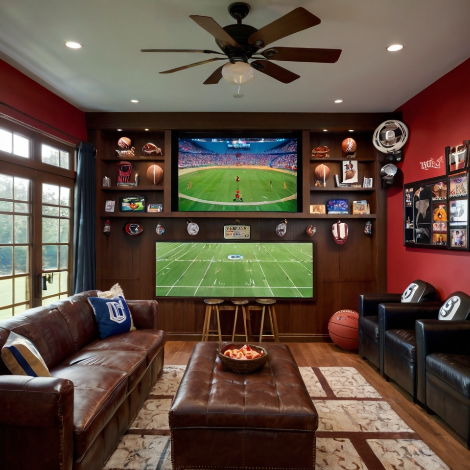 Sports-themed TV room with memorabilia, bar-style seating, and bright lighting. Team colors and sports decor energize the game-day atmosphere.