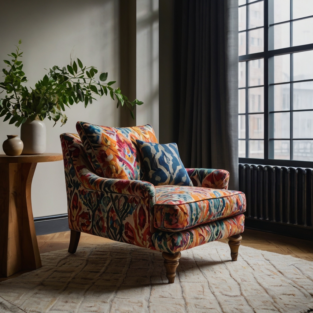 Vibrant, patterned armchair that stands out as a bold statement piece in any room. A perfect fusion of style and comfort.