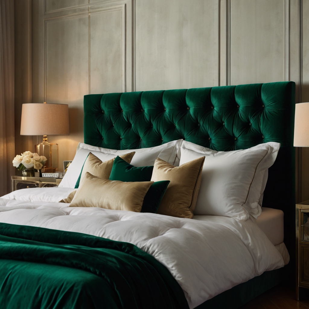 Luxurious tufted velvet headboard adding elegance and making the bed the focal point of the master bedroom.