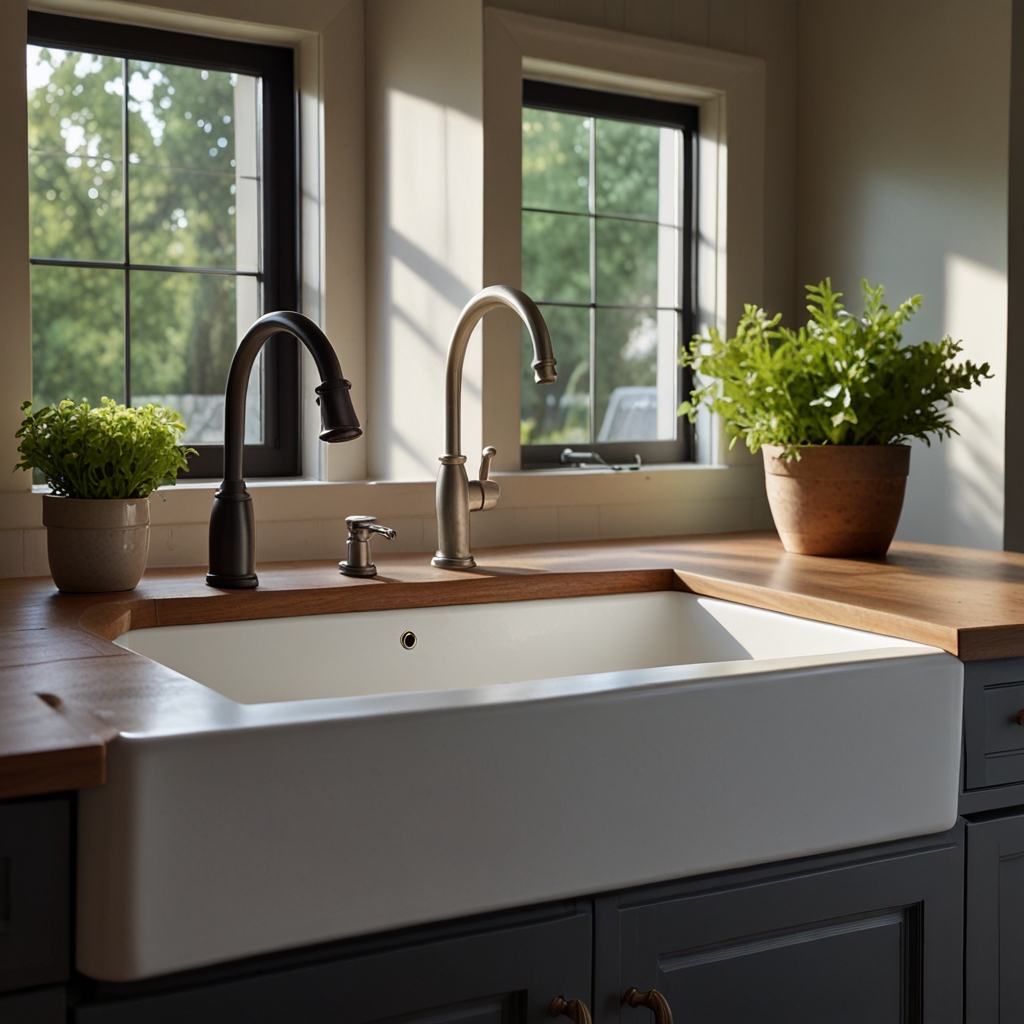 A farmhouse sink with a high-arc faucet becomes a focal point in the kitchen. Bold fixtures add luxury and make tasks feel special.