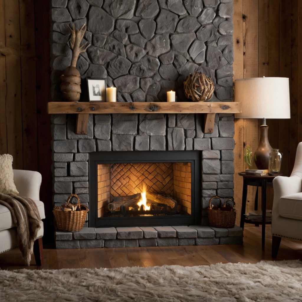 A cardboard fireplace painted to resemble gray stone with realistic textures. Perfect for rustic or cabin-themed décor.