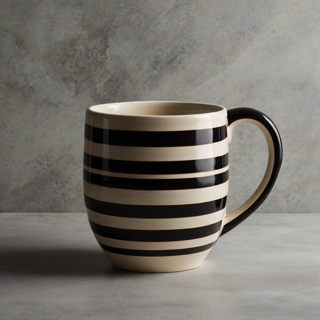 Bold black and white striped ceramic mug with a glossy finish, casting soft shadows from the natural side light.