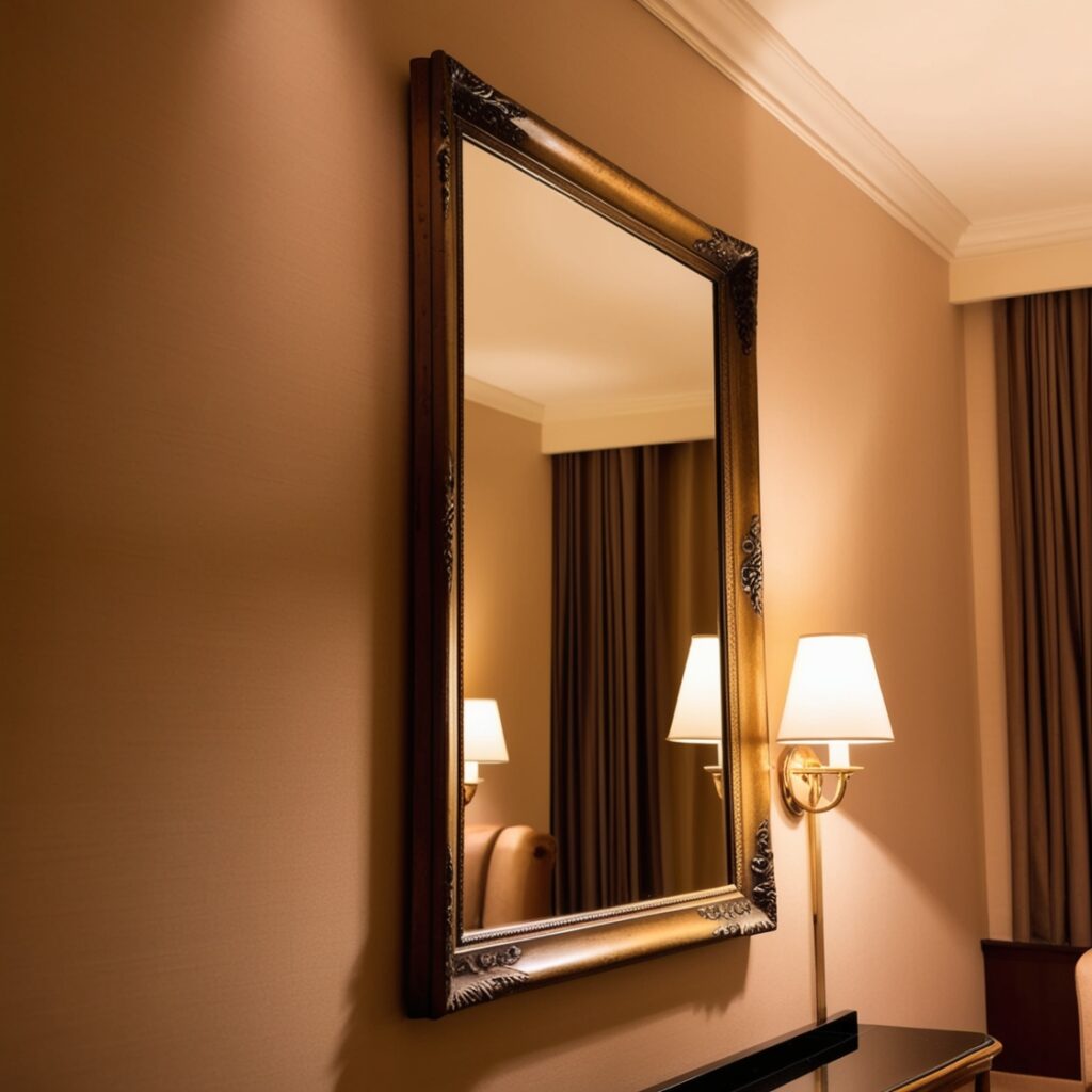 Antique-style mirrors reflecting soft lighting, enhancing the room’s elegant vibe and creating depth in the space.