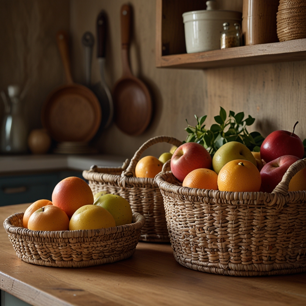 Woven baskets hold fruits and vegetables, adding rustic texture. Earthy tones create a warm, natural look in the kitchen.