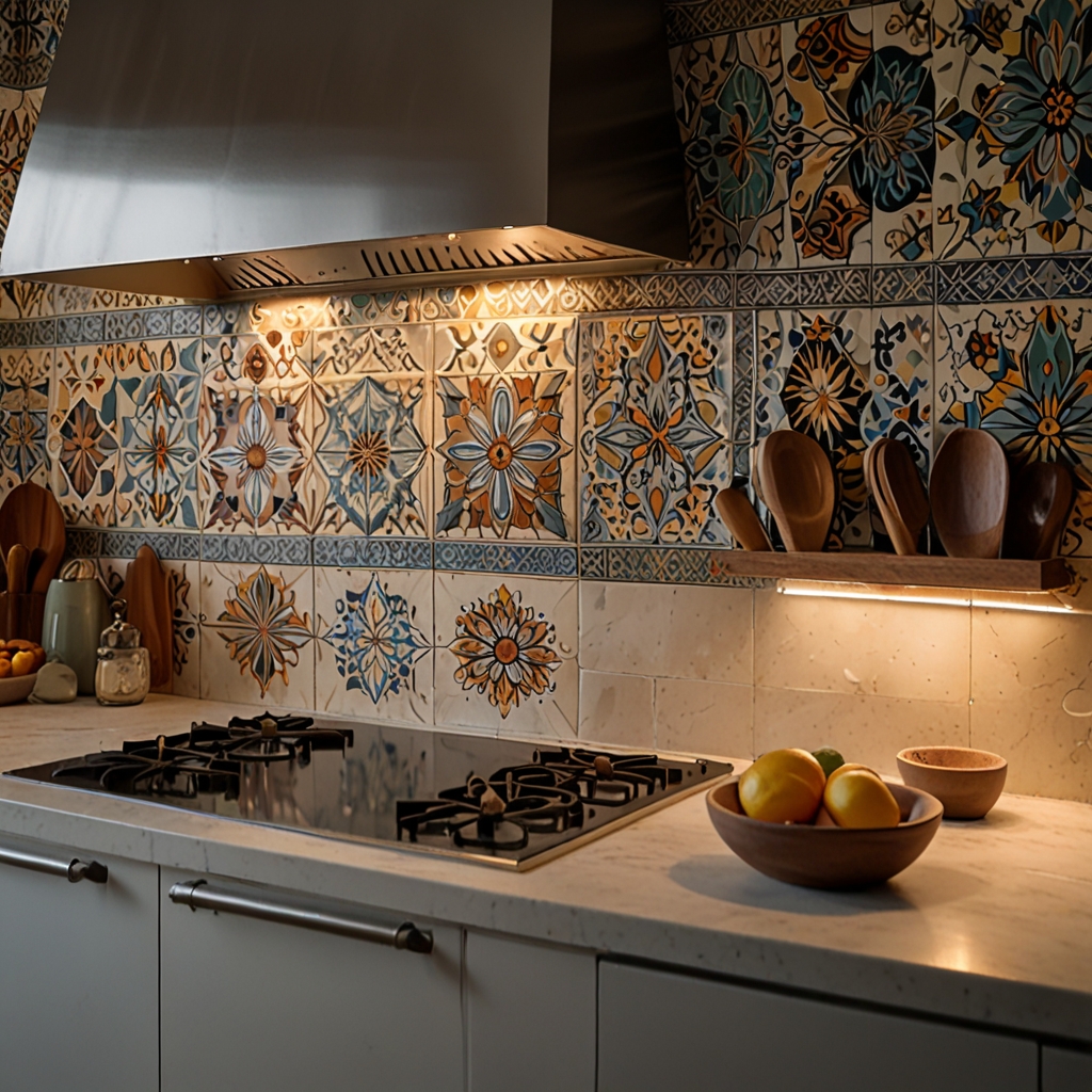 A patterned backsplash in Moroccan tiles adds elegance without overpowering the space. Gentle colors and designs create a polished look.