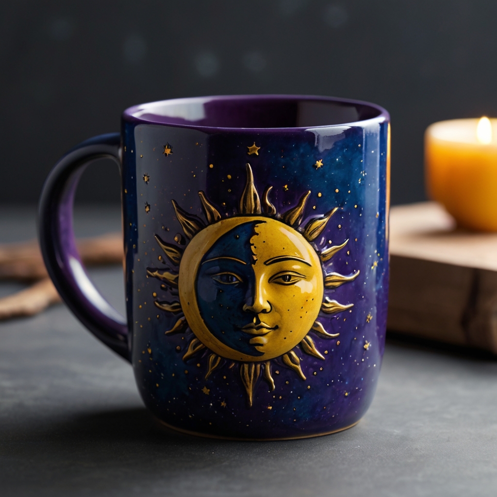 Ceramic mug featuring bright sun and deep moon designs, with subtle light casting shadows to highlight their celestial charm.