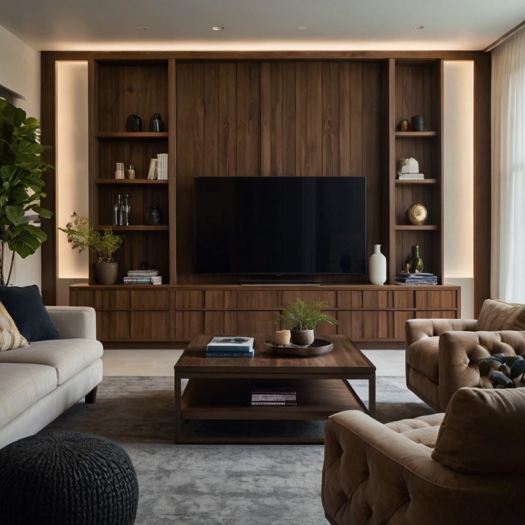 A TV unit with symmetrical shelves on either side for balanced organization. Open shelving allows for easy display of decor or media essentials, creating a harmonious look.