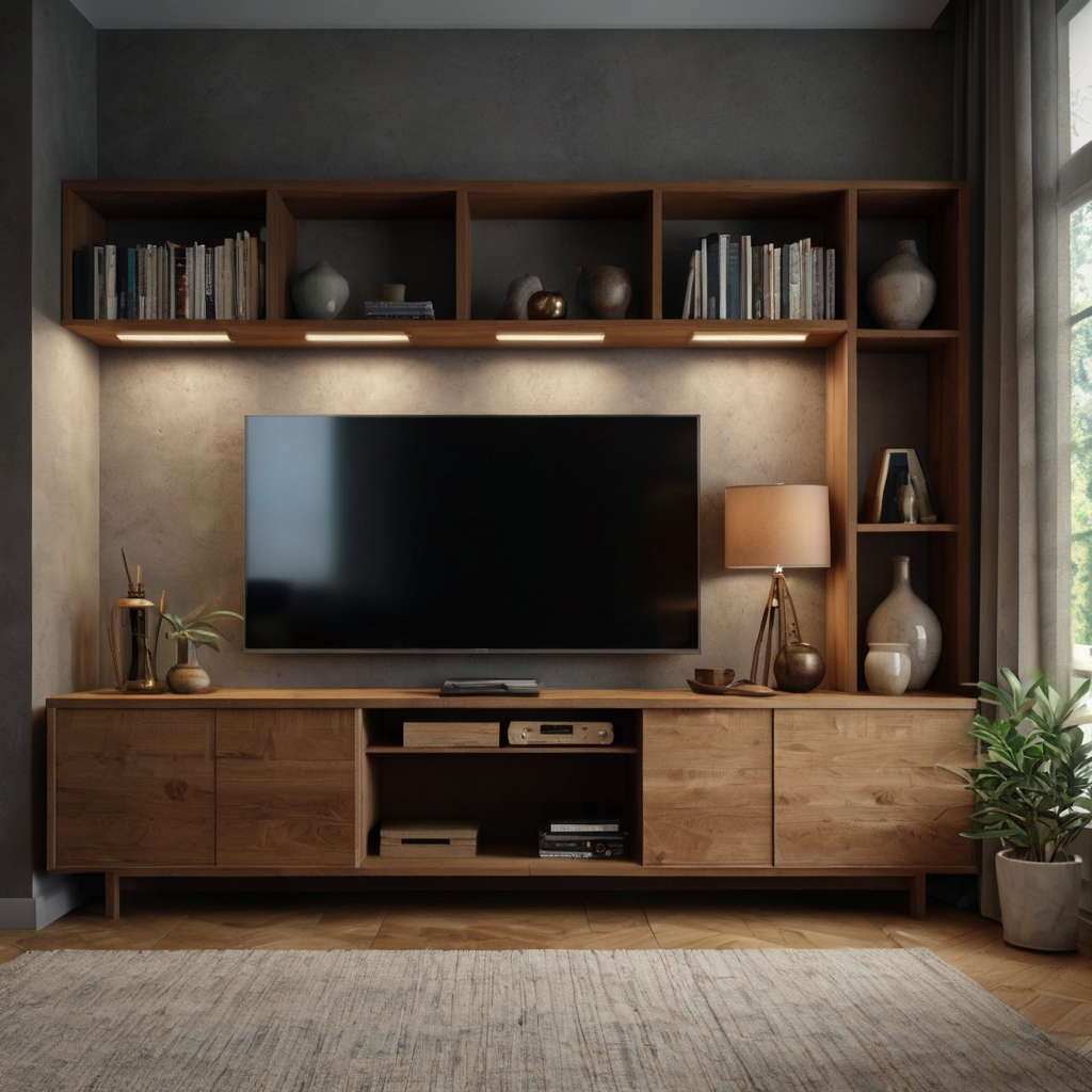 A TV unit combining open shelves for decor and closed cabinets for hidden storage. This balanced design offers both practicality and style for any living room.