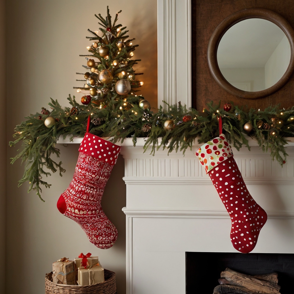 Mismatched, colorful Christmas stockings hang from a fireplace mantel, filled with festive cheer. Soft flickering light from the hearth creates a cozy holiday setting.