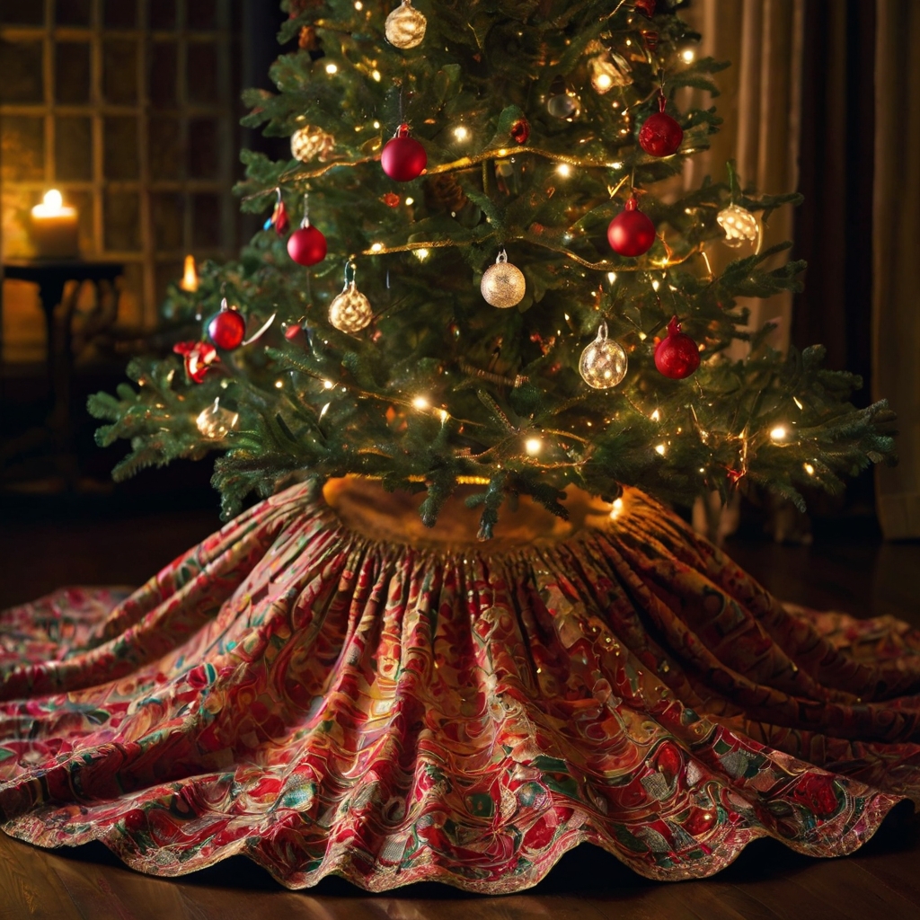 An oversized, glittering tree skirt with bold patterns wraps around the base of a Christmas tree. The light reflects off the fabric, adding playful kitsch to the festive décor.