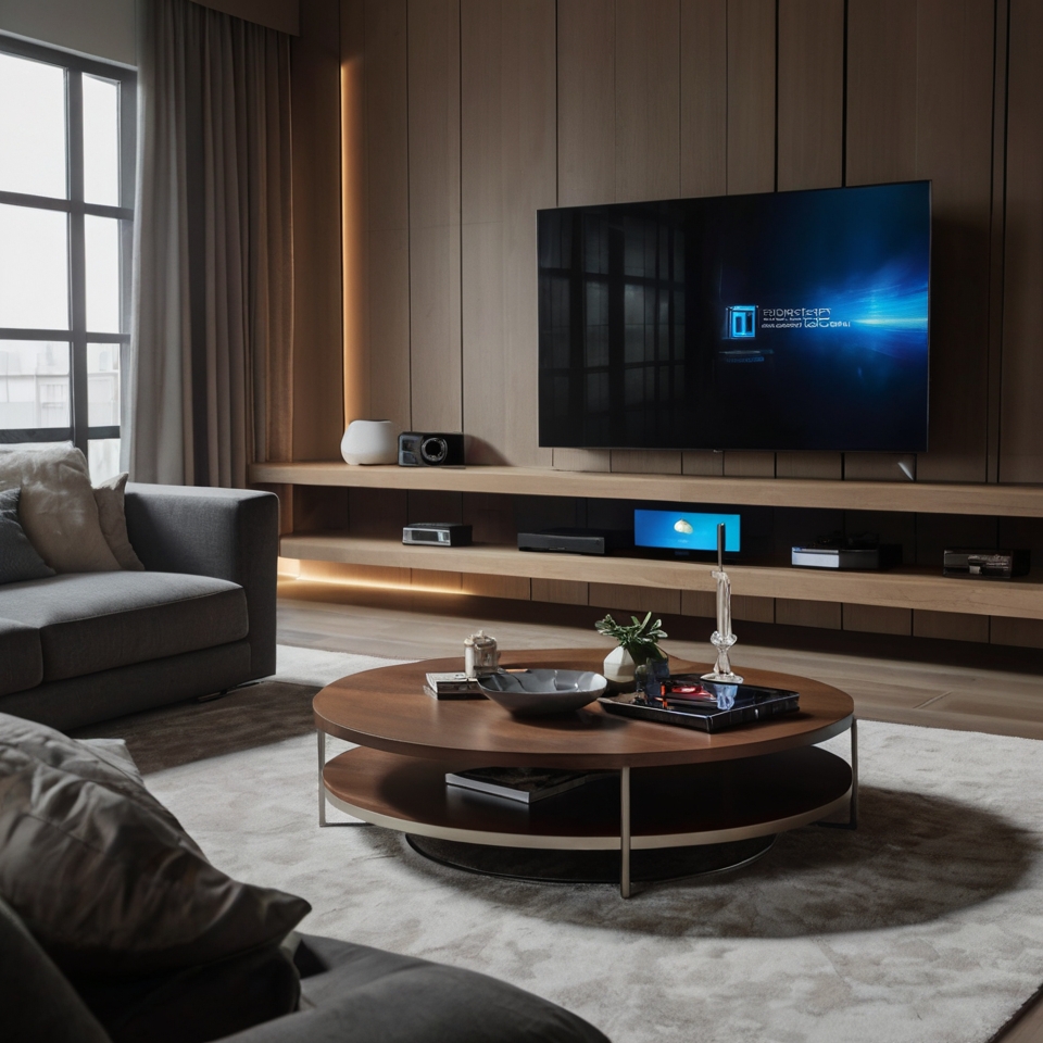 Tech-focused TV room with a smart TV, modern furniture, and integrated speakers. Ambient lighting gives the space a futuristic atmosphere.