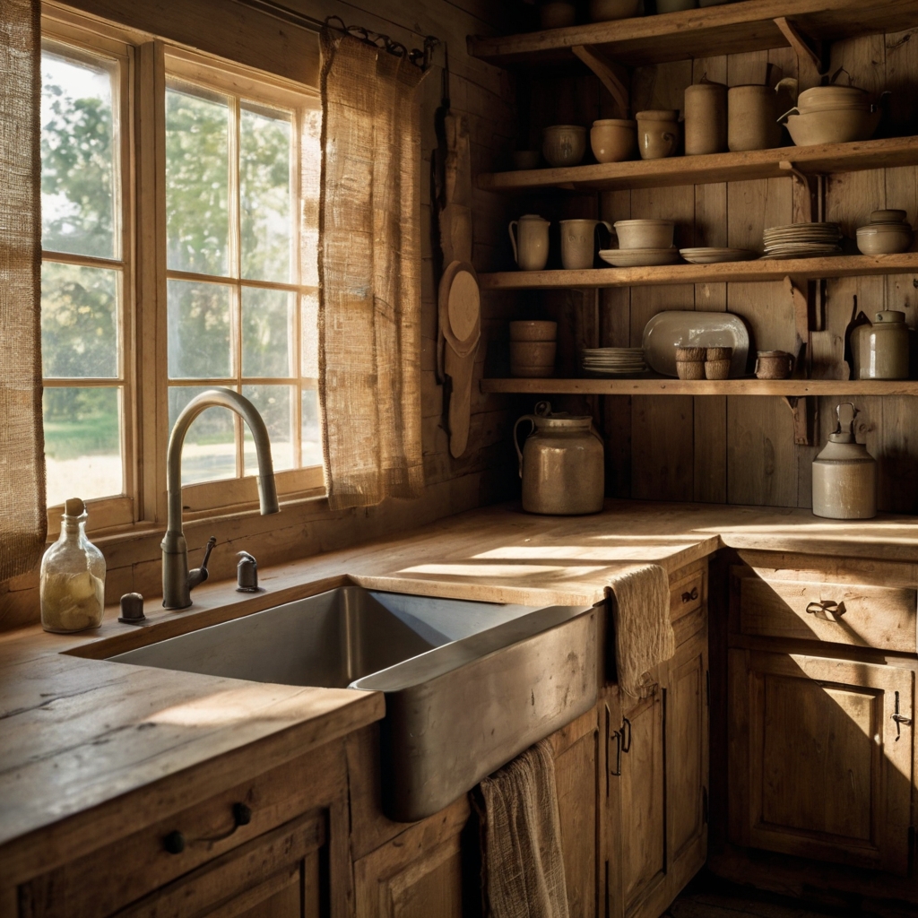 Embrace rustic charm with textured burlap curtains above your kitchen sink. The earthy fabric adds warmth and depth to your farmhouse-inspired design.