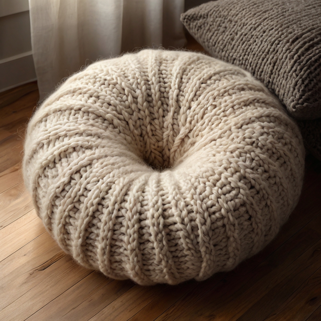 Create a stylish and cozy chunky knit floor pillow perfect for the colder months. Great for lounging or adding texture to any room.