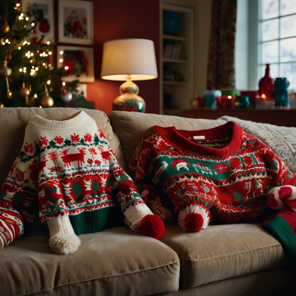 A quirky collection of Christmas sweaters with bold patterns and pom-poms, draped over a couch. Create a fun and festive atmosphere with these playful holiday accents.