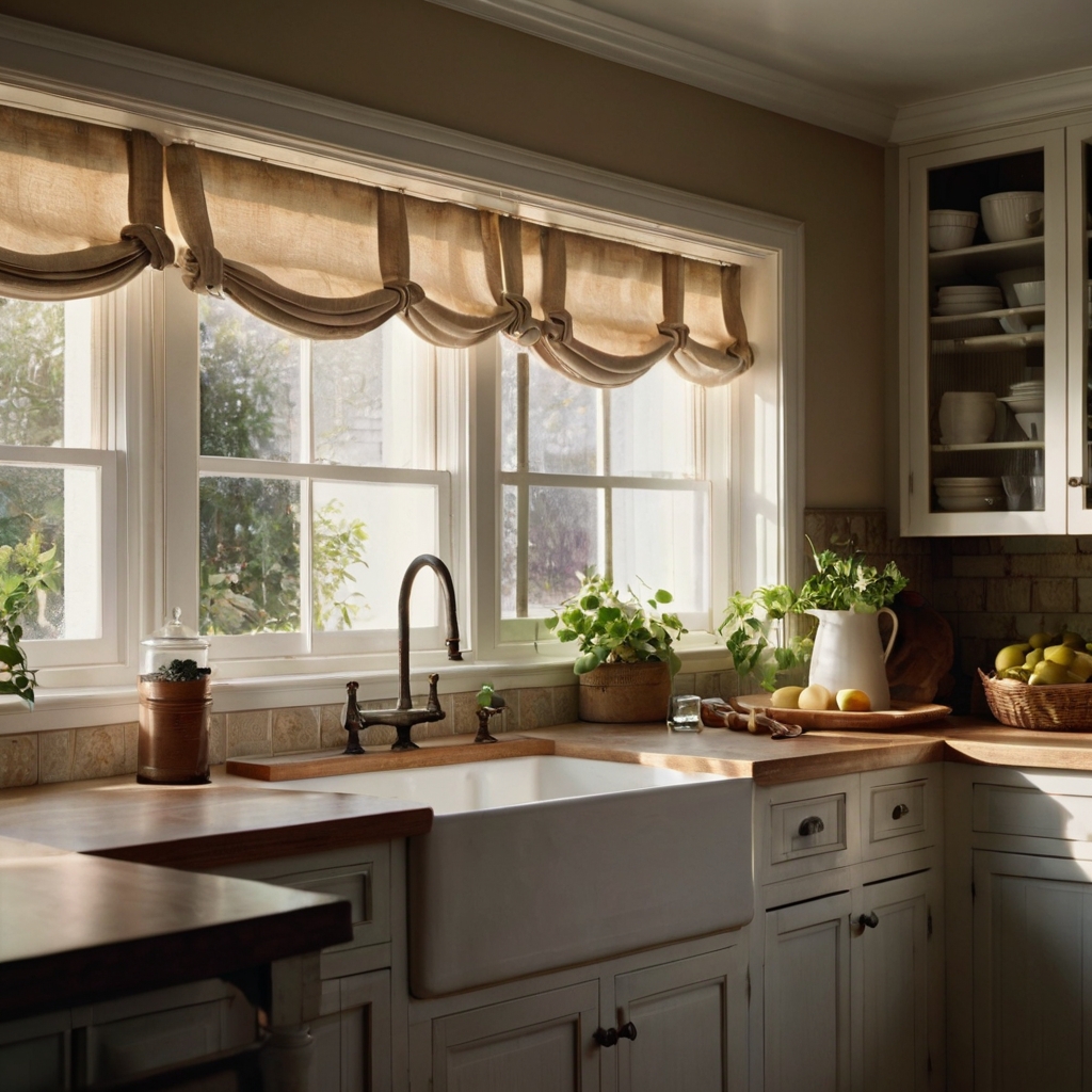 Introduce soft, flowing tie-back curtains to your kitchen. Simple yet elegant, they allow sunlight to flood the room while adding a relaxed vibe.