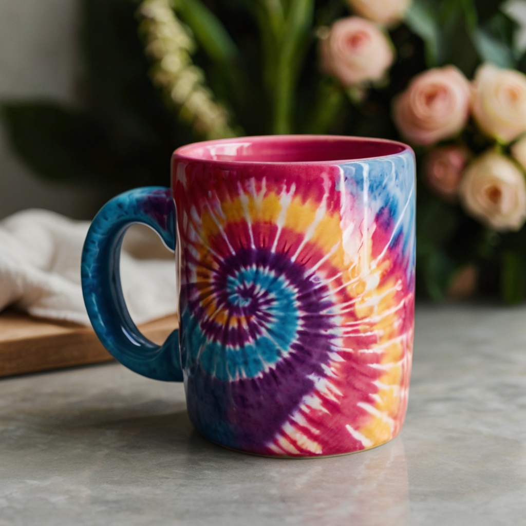 Vibrant ceramic mug with swirling tie-dye patterns in bright colors, glossy finish reflecting soft light for a fun, energetic look.