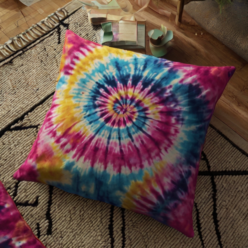 Infuse retro charm with a DIY tie-dye floor pillow, bursting with vibrant colors. Perfect for adding personality to any space.