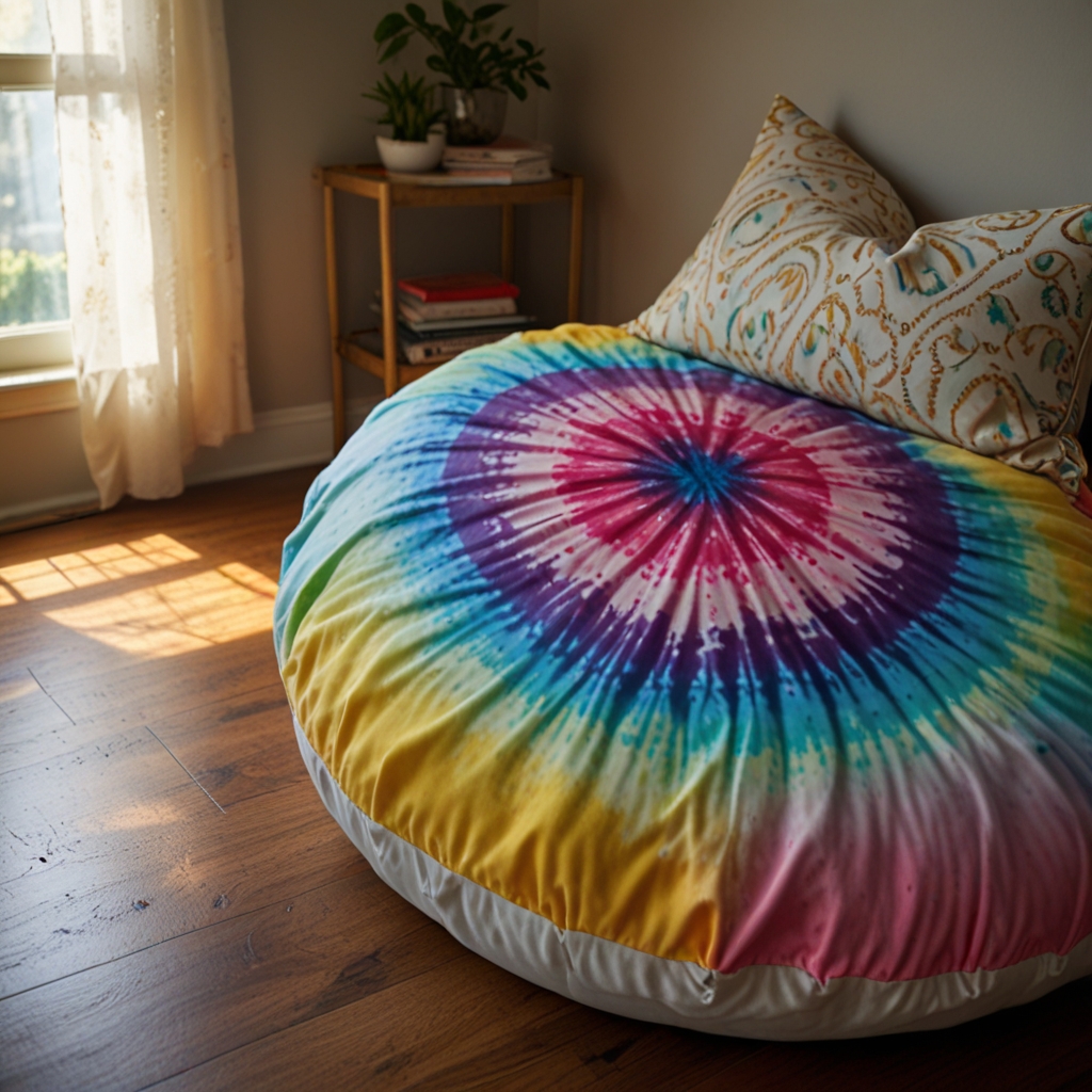 Tie-dye your floor pillows for a retro, colorful addition to your home. A fun and vibrant DIY project perfect for any boho-inspired space.