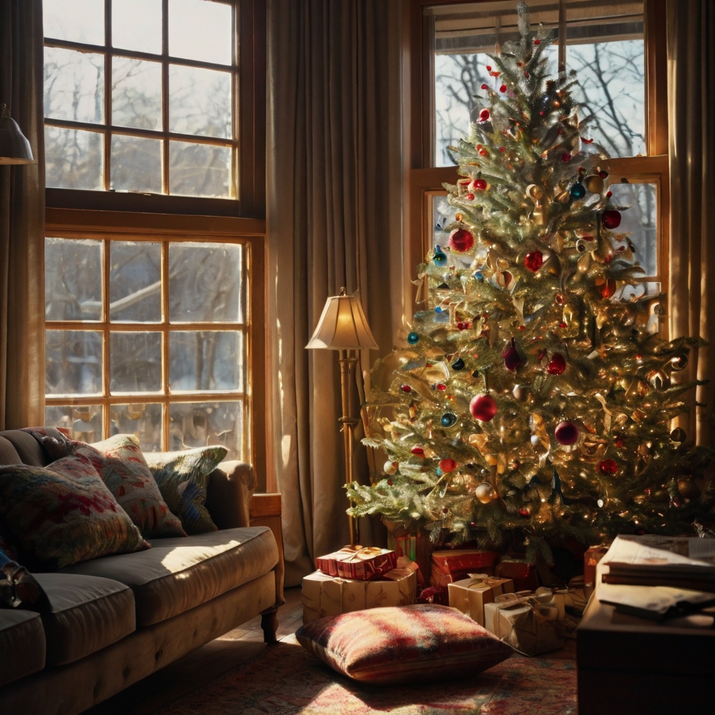 A Christmas tree with shiny silver and colorful tinsel, sparkling under warm light. Vintage holiday décor in a cozy room adds a nostalgic holiday glow.