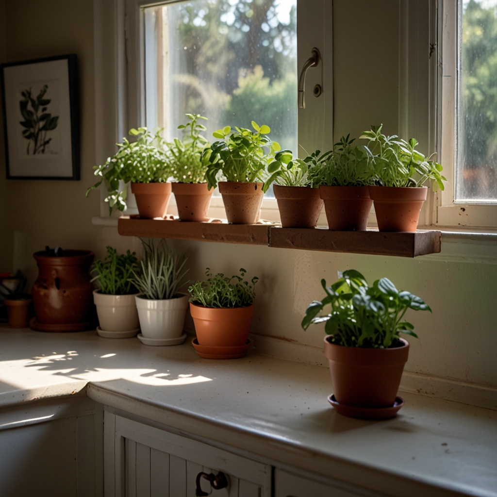 Small herb pots with fresh basil and rosemary sit on a sunny windowsill. Adds freshness, aroma, and easy access to herbs for cooking.