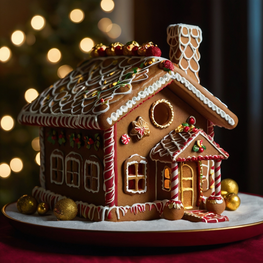 A vibrant red and gold gingerbread house with holly decorations and star patterns. Bright lighting enhances the festive holiday colors.