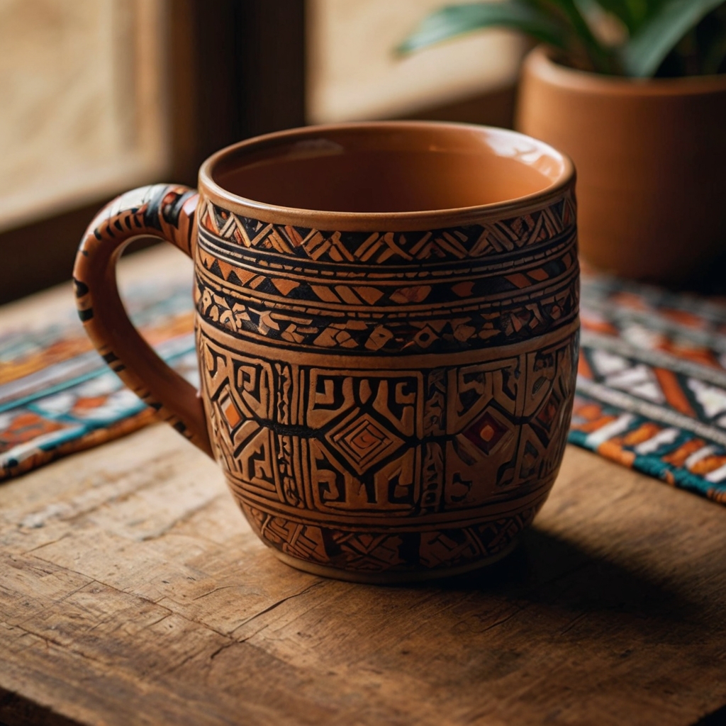 Bold ceramic mug with earthy tribal patterns in reds and browns, featuring a matte finish and soft natural light illuminating the details.