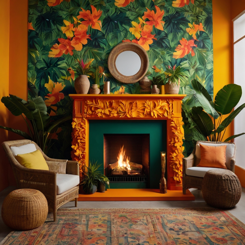 Cardboard fireplace with tropical elements like palm leaves and vibrant hues. A warm-climate holiday décor idea.