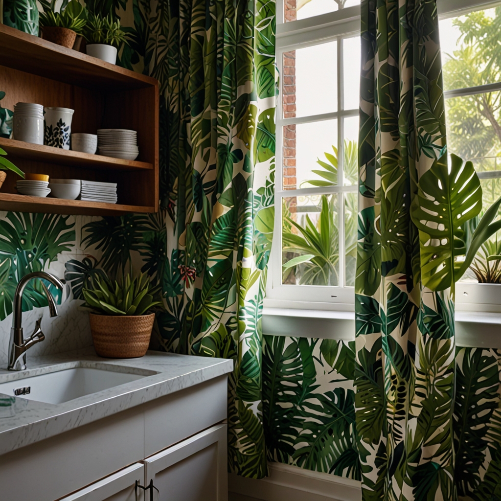 Add a refreshing touch with tropical leaf curtains in your kitchen. Bold green patterns create a lively, nature-inspired vibe.