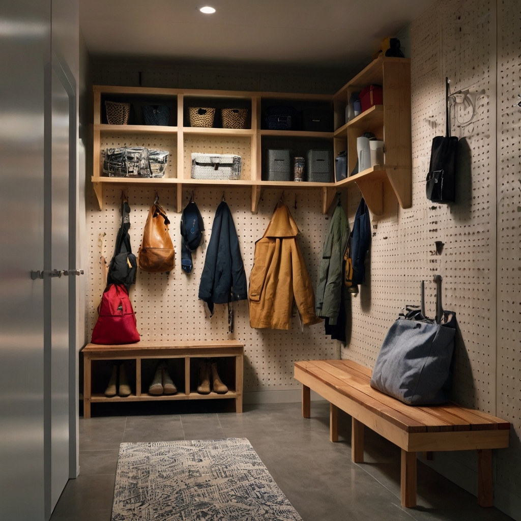 A mudroom with a pegboard wall holding bags, keys, and coats. Soft, even lighting draws attention to the organized and functional storage.