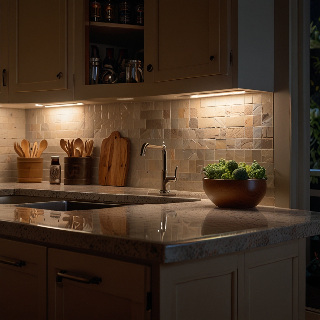 Under-cabinet lights illuminate the countertop, making meal prep easier. Soft glow creates a warm, inviting atmosphere for evenings.