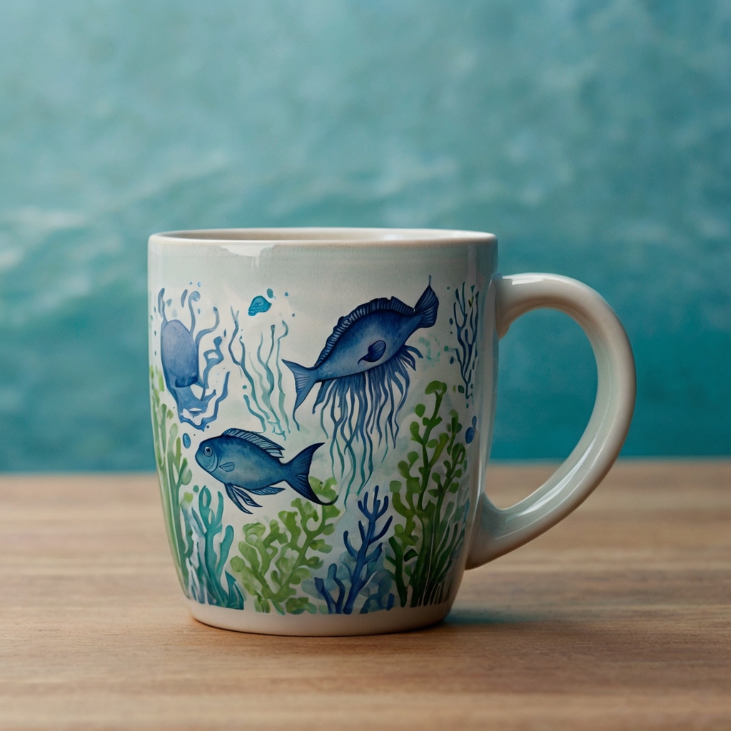 Serene underwater-themed ceramic mug with soft watercolor sea creatures, highlighted by soft light to create a tranquil design.