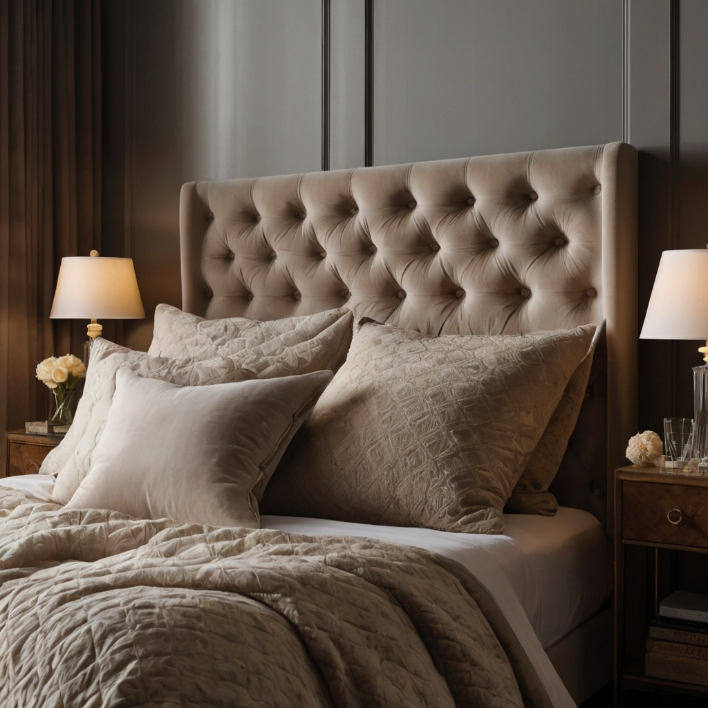 Luxurious upholstered headboard in soft fabric, providing comfort and a stylish focal point in the bedroom.