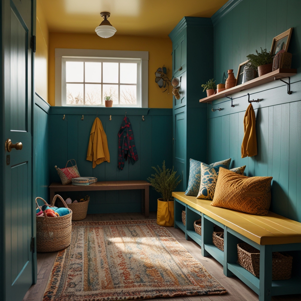 A colorful mudroom with teal walls, yellow bench, and vibrant hooks. Natural and overhead lighting create a bright, inviting atmosphere.