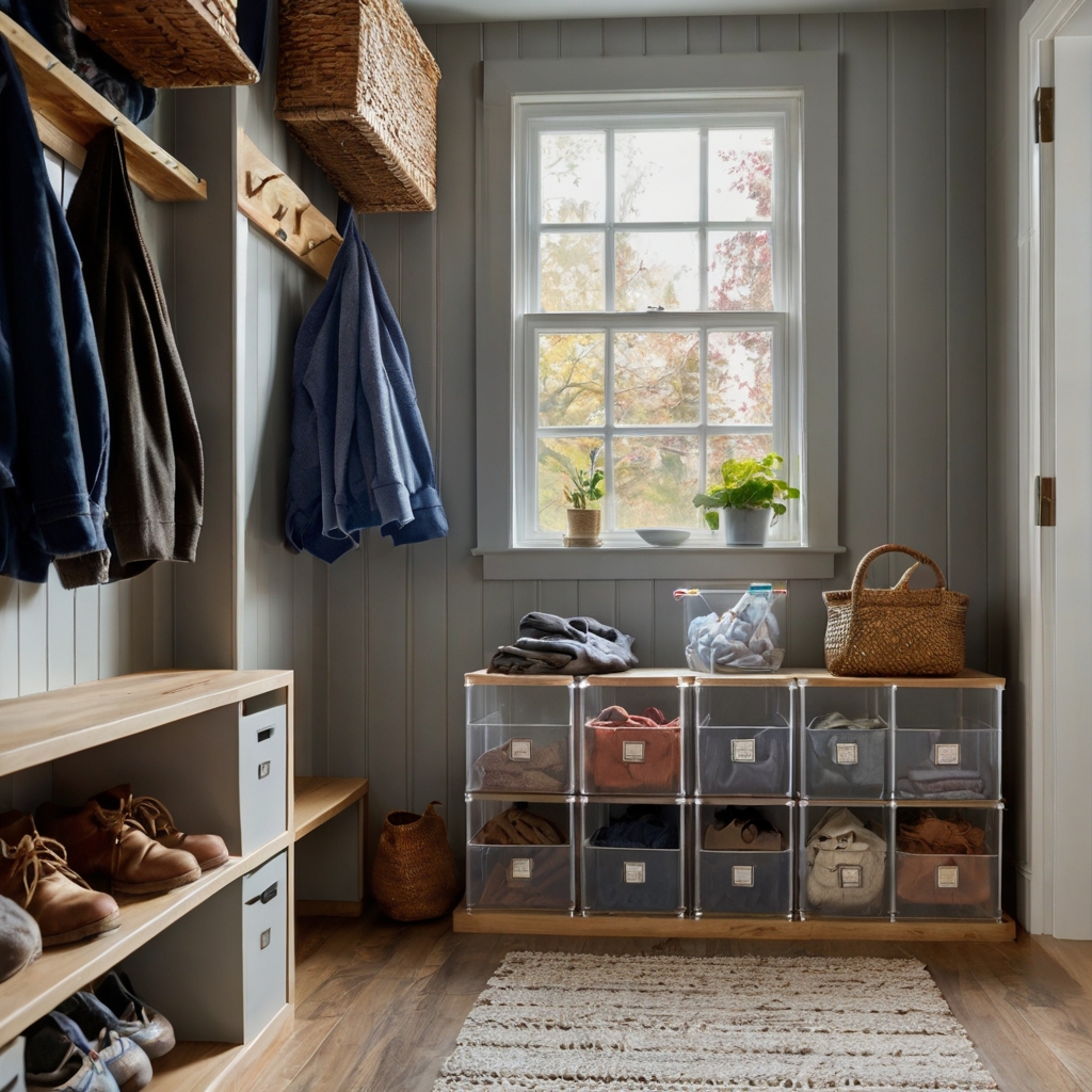 A mudroom with clear acrylic bins storing shoes, scarves, and gloves. Bright light ensures the items are clearly visible and well-organized.