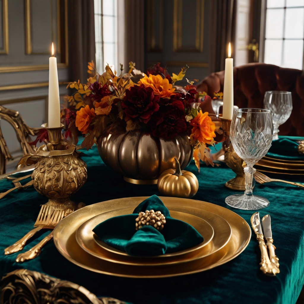 Velvet napkins or table runners in jewel tones create a luxurious feel. Metallic candleholders and brass cutlery enhance the opulence of the setting.