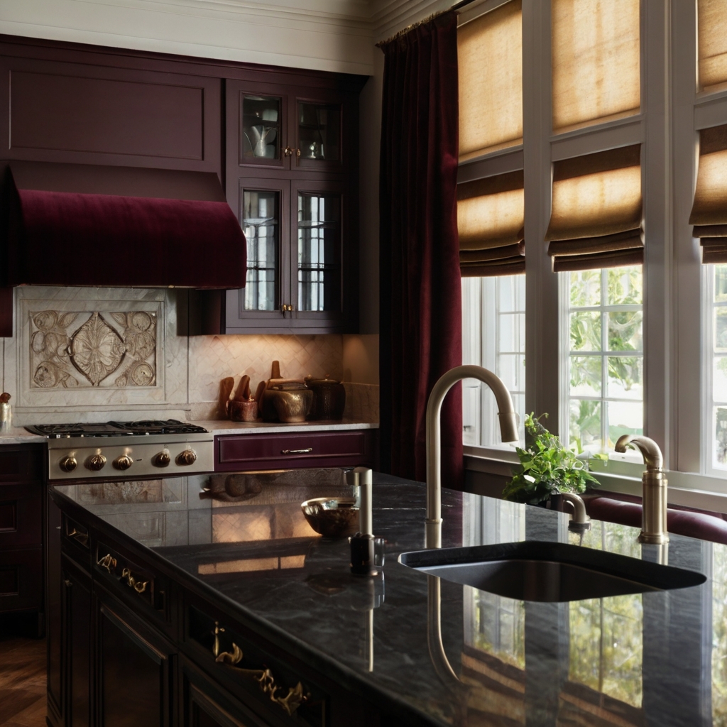 Indulge in luxury with deep velvet curtains above your kitchen sink. The plush fabric adds elegance and warmth to your kitchen space.