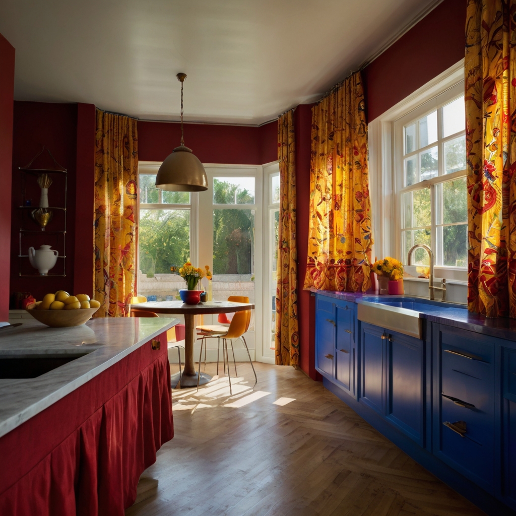 Brighten up your kitchen with vibrant curtains in bold colors. These lively tones create a striking contrast against a neutral kitchen design.