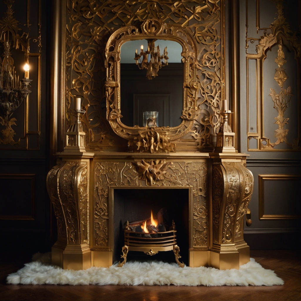 Elegant Victorian-inspired cardboard fireplace with ornate metallic designs and vintage holiday décor. Perfect for a classic setting.