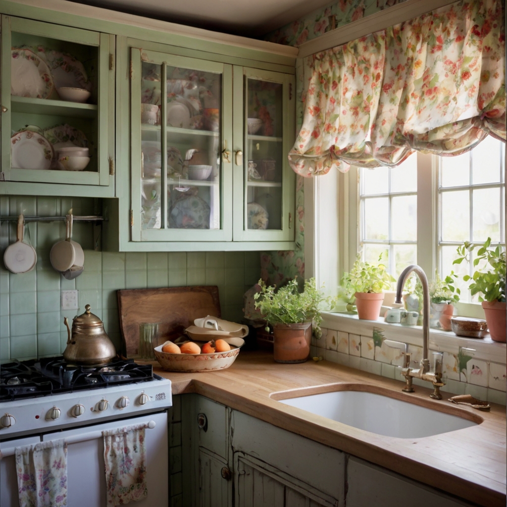 Create a timeless, vintage feel with floral curtains in soft hues. The delicate design adds a nostalgic charm to your cozy cottage kitchen.