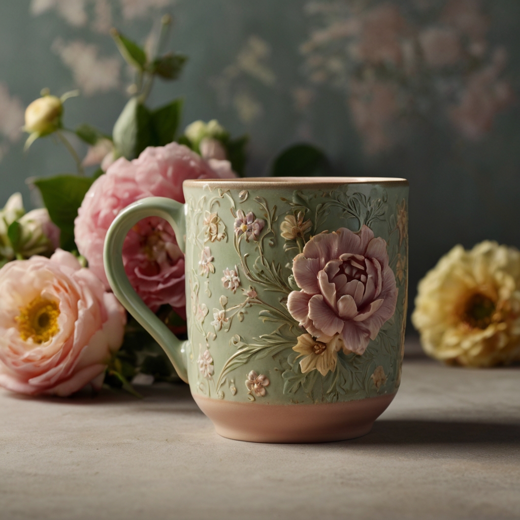 Timeless ceramic mug with muted floral patterns in dusty pinks and soft greens, glowing softly under gentle natural light.