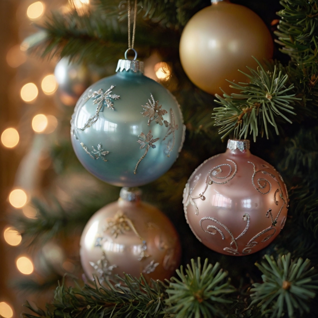 Delicate vintage glass ornaments with muted pastel colors hang on a Christmas tree. The soft glow from surrounding lights highlights their nostalgic, elegant beauty.