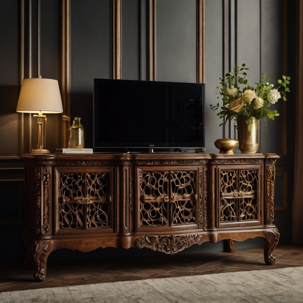 A vintage-style TV unit with ornate detailing and rich wood finishes. Combines old-world charm with modern functionality for a timeless living room piece.