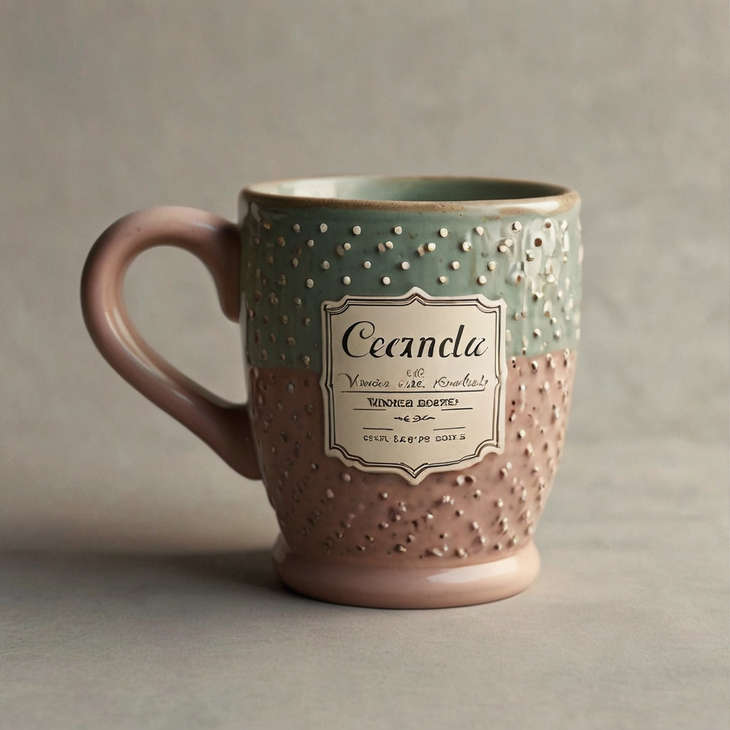 Retro ceramic mug with faded polka dots and pastel typography, emitting a nostalgic, cozy charm with warm lighting.